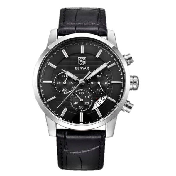 BENYAR BY-5104G – montre chronographe de luxe pour hommes avec bracelet en cuir Noir – Noir & Argenté