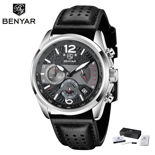 Montre Homme Chronographe BENYAR – Bracelet Cuir, Style Militaire