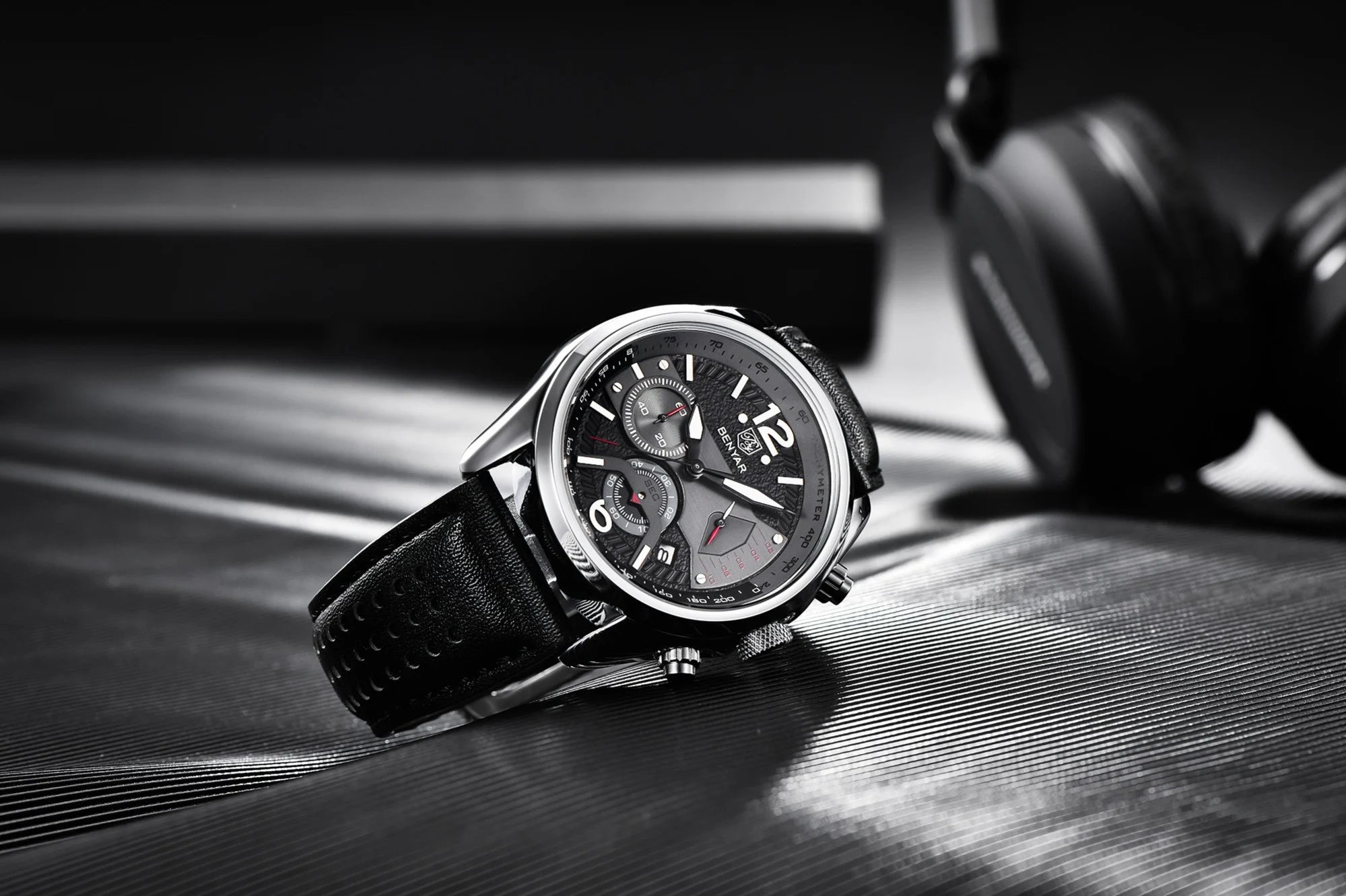 Montre Homme Chronographe BENYAR – Bracelet Cuir, Style Militaire
