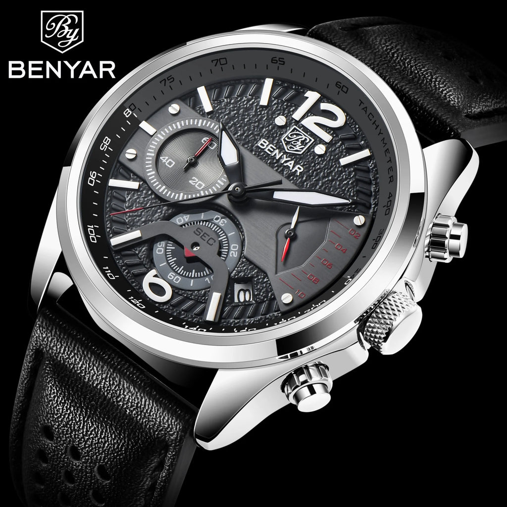 Montre Homme Chronographe BENYAR – Bracelet Cuir, Style Militaire