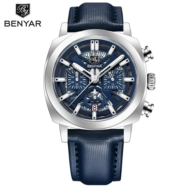Montre Homme BENYAR BY-5205 – Sport Quartz, Bracelet Cuir, Waterproof