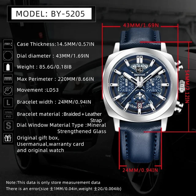 Montre Homme BENYAR BY-5205 – Sport Quartz, Bracelet Cuir, Waterproof