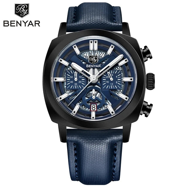 Montre Homme BENYAR BY-5205 – Sport Quartz, Bracelet Cuir, Waterproof