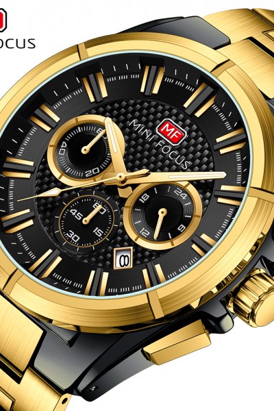 Montre Homme Chronographe Mini Focus MF0495G – Acier Inoxydable Doré, Quartz, 3ATM