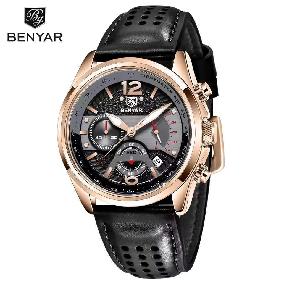 Montre Homme Chronographe BENYAR – Bracelet Cuir, Style Militaire