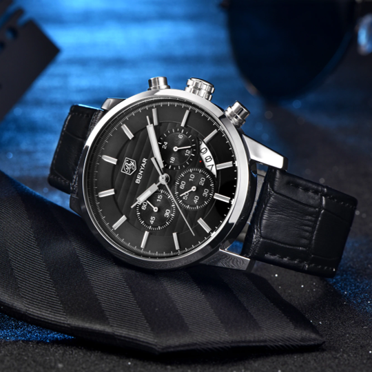 BENYAR BY-5104G – montre chronographe de luxe pour hommes avec bracelet en cuir Noir – Noir & Argenté