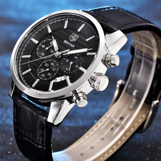 BENYAR BY-5104G – montre chronographe de luxe pour hommes avec bracelet en cuir Noir – Noir & Argenté