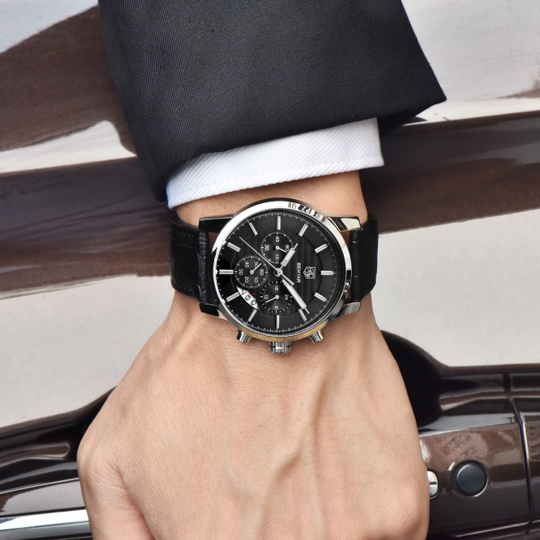 BENYAR BY-5104G – montre chronographe de luxe pour hommes avec bracelet en cuir Noir – Noir & Argenté