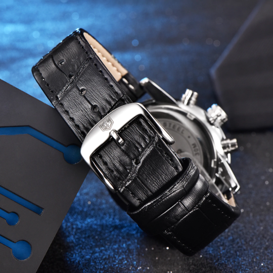 BENYAR BY-5104G – montre chronographe de luxe pour hommes avec bracelet en cuir Noir – Noir & Argenté