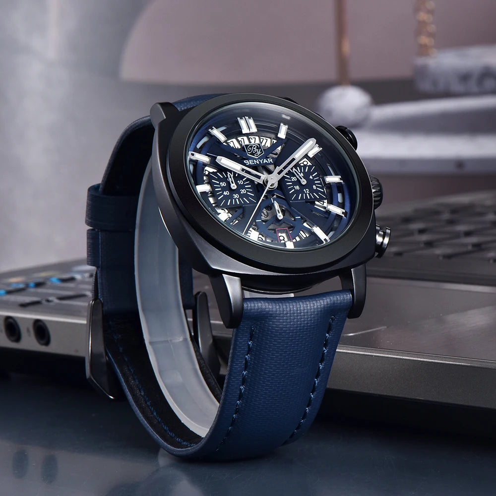 Montre Homme BENYAR BY-5205 – Sport Quartz, Bracelet Cuir, Waterproof