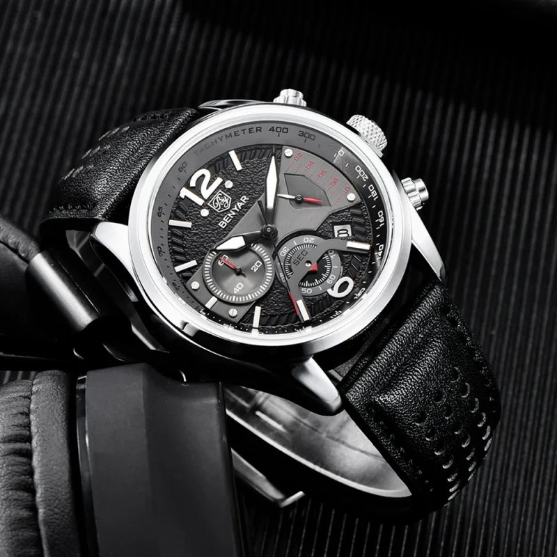 Montre Homme Chronographe BENYAR – Bracelet Cuir, Style Militaire