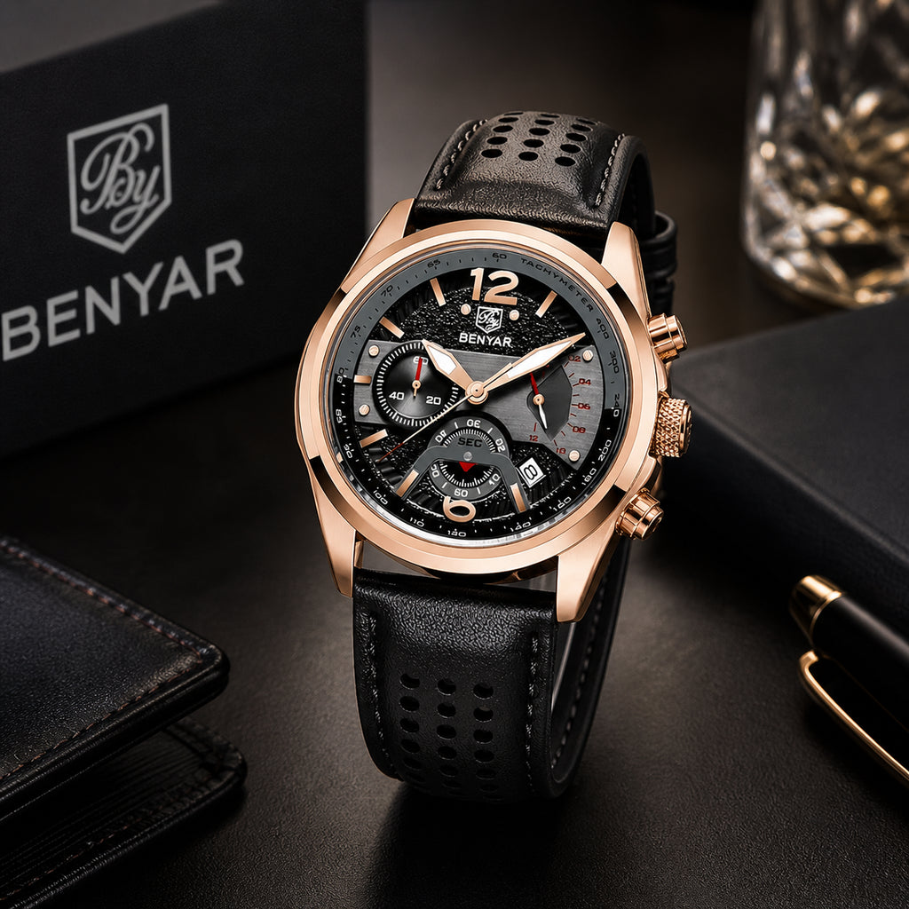 Montre Homme Chronographe BENYAR – Bracelet Cuir, Style Militaire